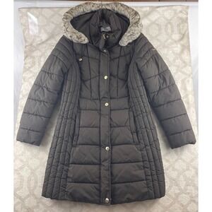 Laundry by Shelli Segal Puffer Coat Faux Fur Women's M Brown Quilted Full Zip